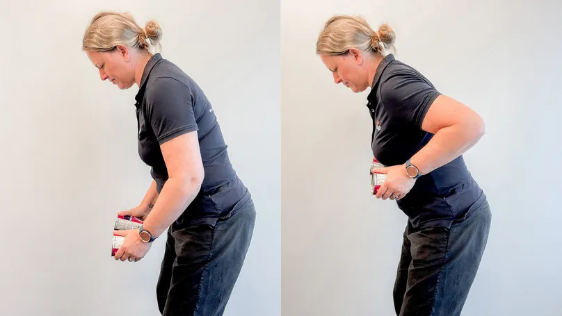 A woman doing bent-over rows with cans as weights.