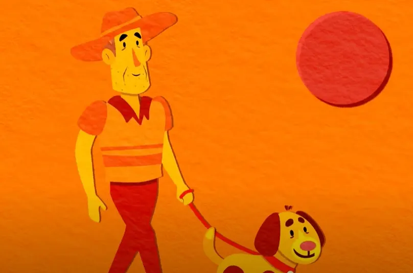 Illustration of a man walking his dog on a hot day.