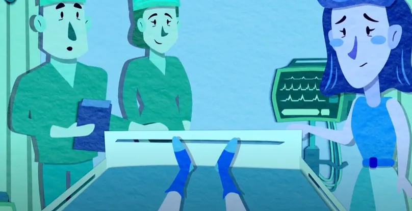 Illustration of a man waking up in a hospital bed.