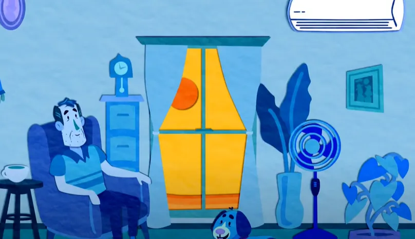 Illustration of a man sitting inside with air conditioning.
