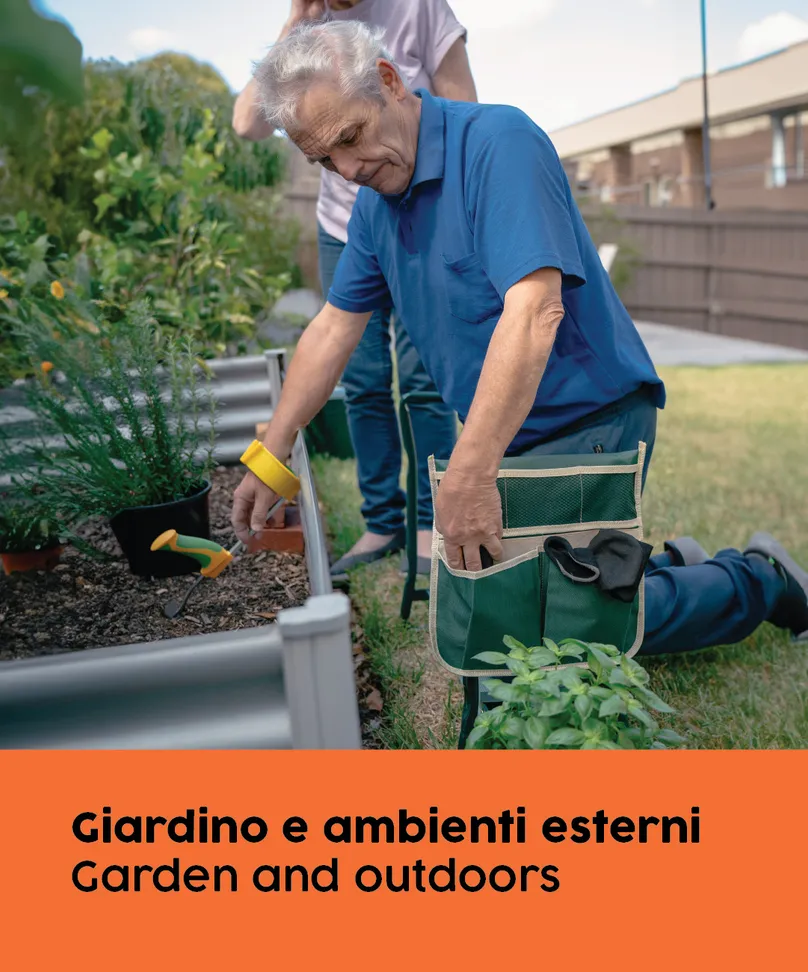 An older Italian man gardening with assistive products.