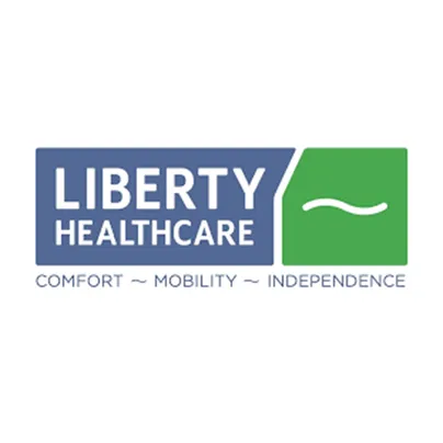 Blue and green liberty healthcare logo.