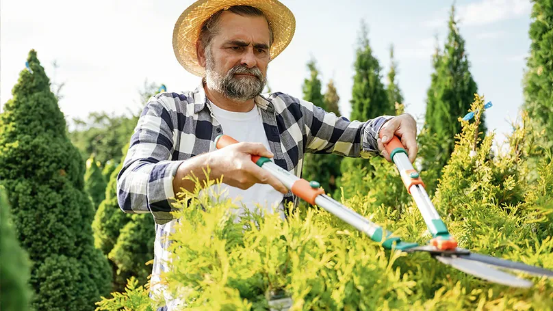 A man using a long-handled pruner in the garden.