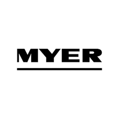 Black and white Myer logo.