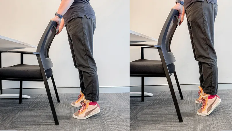 woman doing standing heel raises with chair