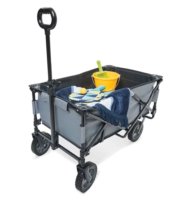 An outdoor cart full of beach items.